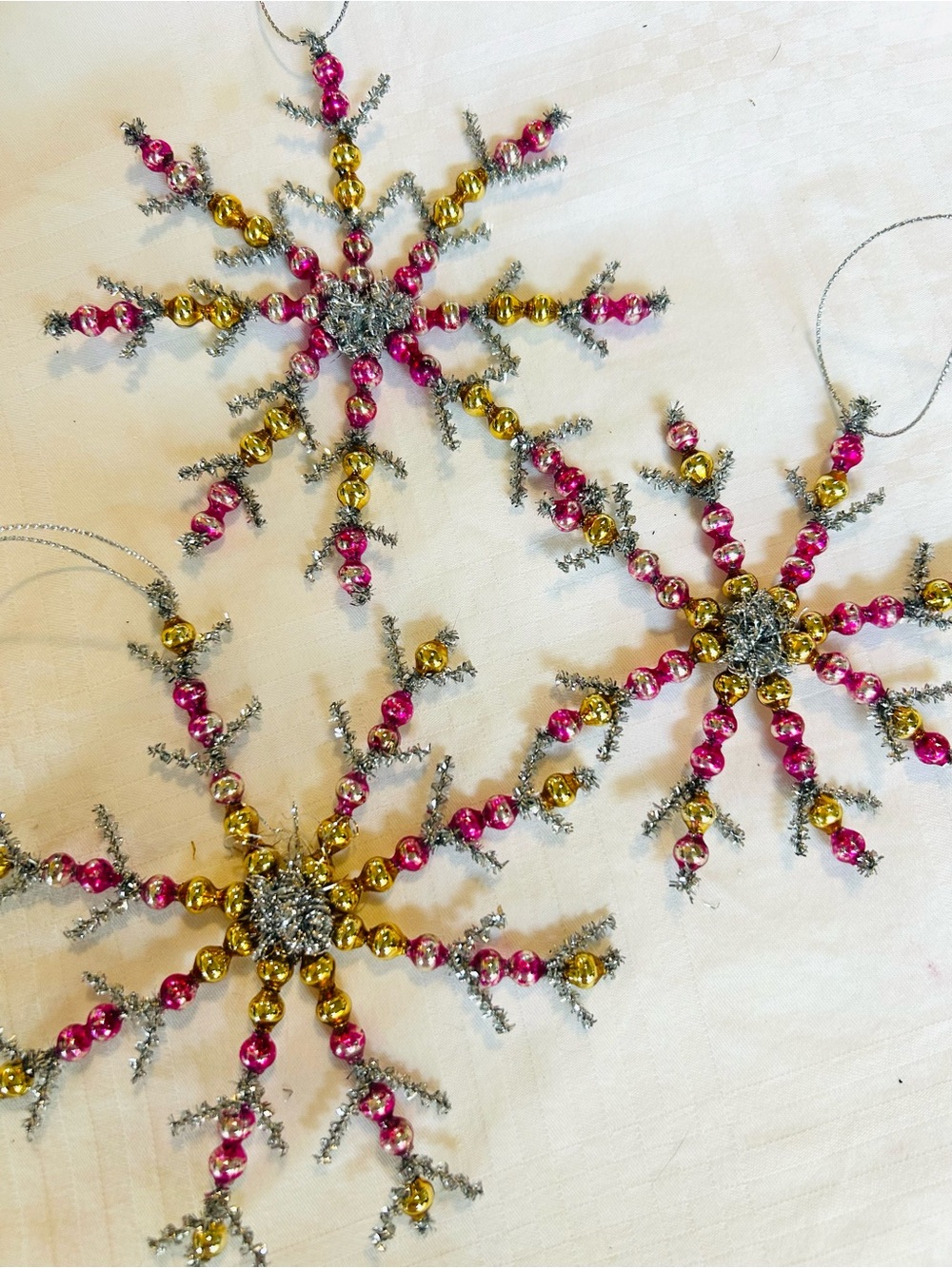 3 Vintage repurposed holiday Christmas glass garland bead snow flake ornaments